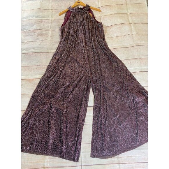 NWT Kori Women's Wide Leg Burgundy Metallic Halter Jumpsuit - Large - Picture 4 of 14